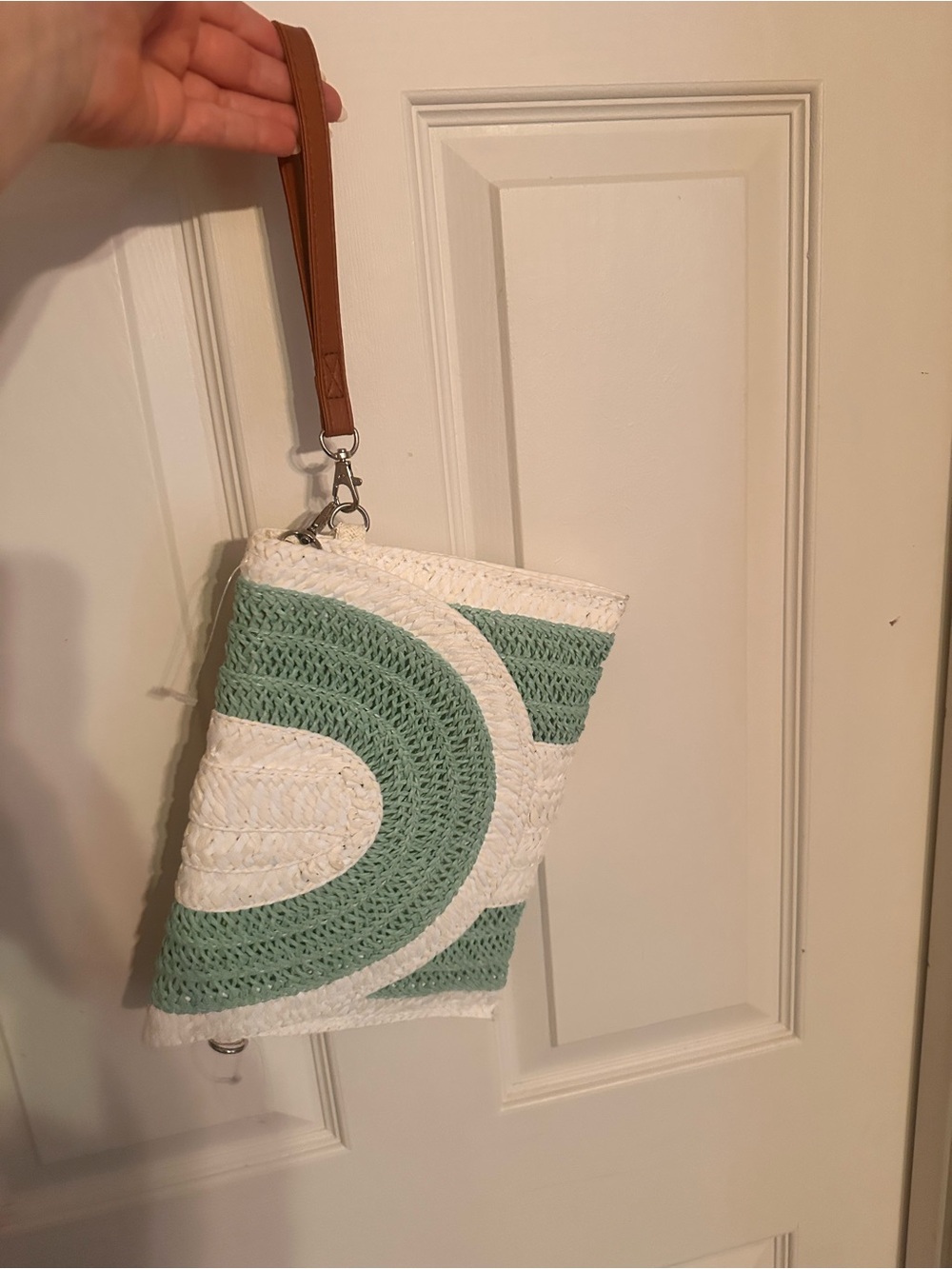 Woven Wristlet Clutch in Mint Green & White